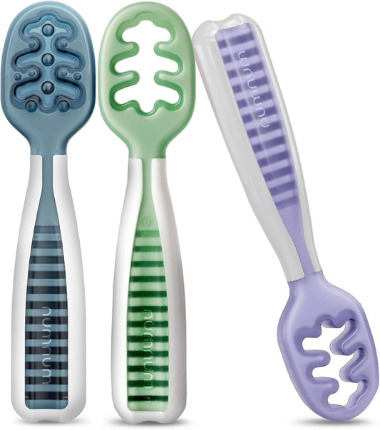 NumNum Baby Spoons Set - Silicone Self-Feeding Utensils for Baby Led Weaning | BPA-Free, 3 Pack Nature Friends, 6+ Months