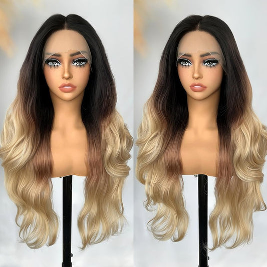 SOKU Lace Front Wavy Wigs for Women 30 Inch Ombre Blonde Body Wave Synthetic Hair Triple Tones T Part Transparent Swiss Lace Front Wig for Women
