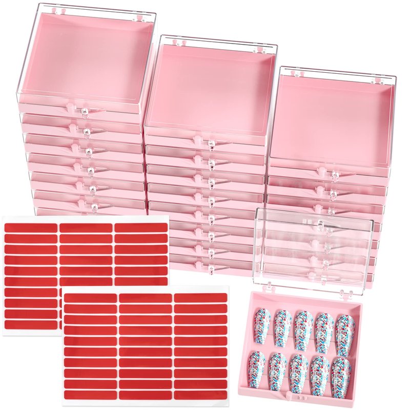 ANCIRS 25 Pack Acrylic Nail Storage Box for DIY Press-on Nails Holder & 60pcs Double Sided Adhesive Nail Display Tape, Artificial Nail Stand Packaging Organizer Case & Fake Nail Tip Tapes for Nail Art