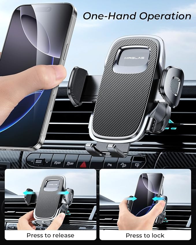MRGLAS Phone Holders for Your Car Vent with Double Metal Hook Clip, 【One-Hand Operation】 Air Vent Cell Phone Car Mount, Universal Automobile Cradle Fit for iPhone 17 Android and All Smartphones