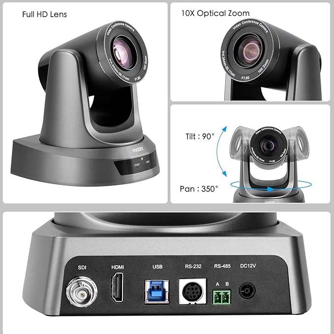 Vikery 10X PTZ Conference Webcam with 3G-SDI/HDMI/USB Output, 1080P PTZ Live Streaming Camera for Church, Education, Conference Room Camera Attached Remote Control Work with Zoom, Skype, OBS