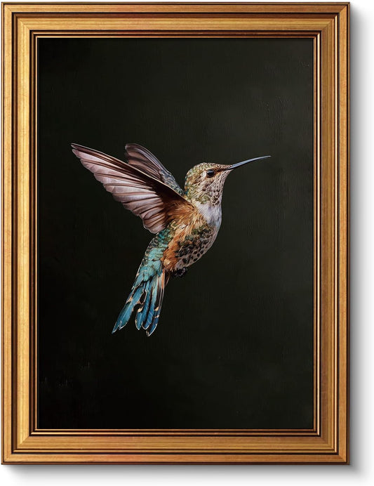 VIYYIEA Gold Framed Canvas Wall Art - Dark Hummingbird Photo Print for Living Room & Bedroom | 12x16 Inch