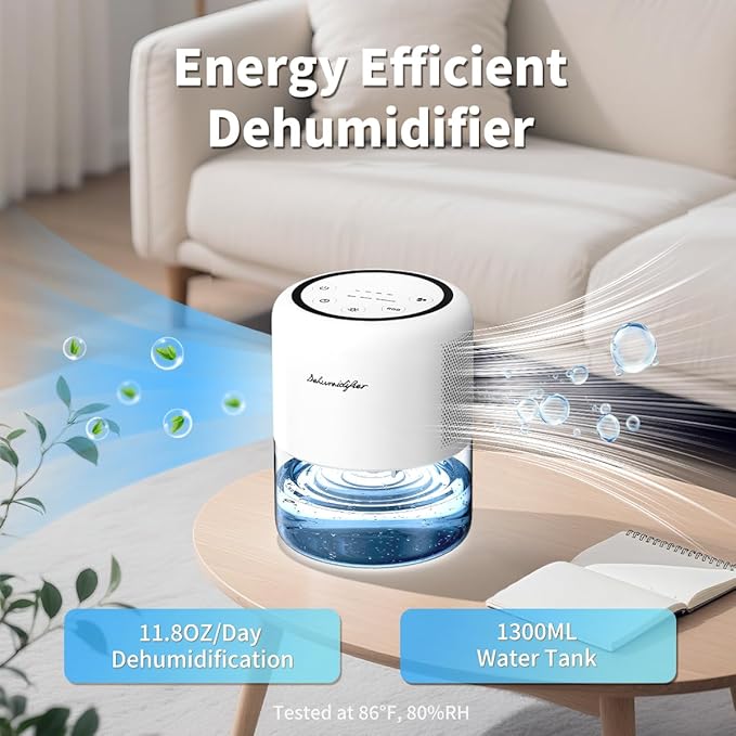 Windangel 44oz(1.3L) Small Dehumidifier for Home Auto-Off Quiet Portable Dehumidifier with 3 Modes 10 Color Lights 4 Timer Settings for Bedroom Bathroom Closet (215 sq.ft)