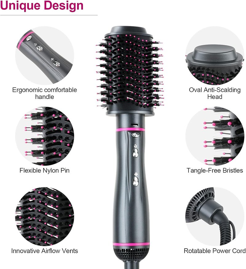 Hair Dryer Brush - 4 in 1 Detachable Negative Ion Blow Dryer for Straightening, Drying & Curling | Gray with Carrying Case