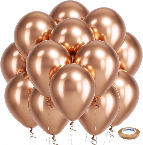 Bezente Rose Gold Metallic Chrome Balloons - 100 Pack of 12-Inch Latex Round Helium Balloons for Weddings & Parties