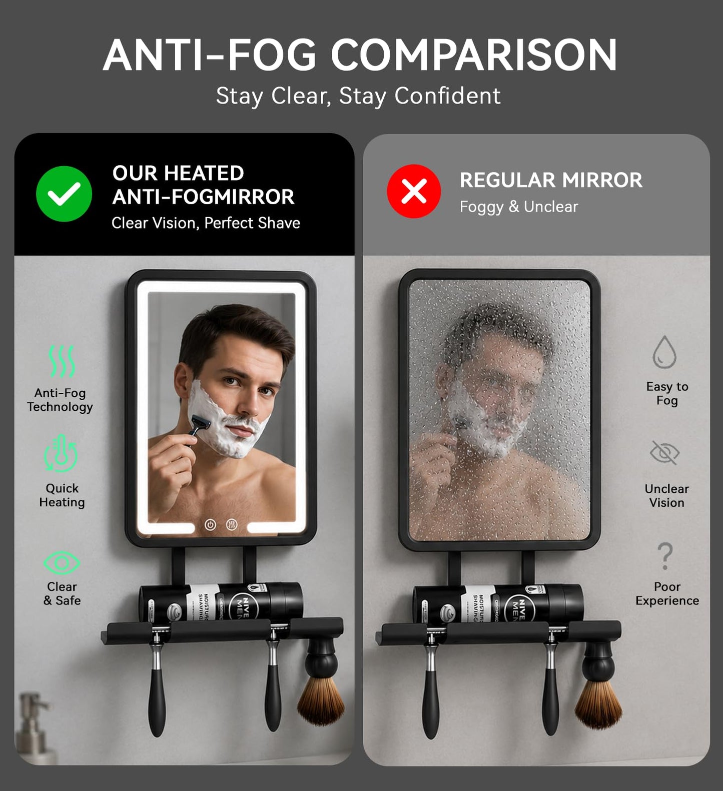 Quick Clear Shower Mirror Fogless for Shaving with Light - Electric Heated Shaving Mirror, No Water Needed, Rechargeable Anti Fog Bathroom Mirror, Dual Mount Installation, IPX4 Waterproof