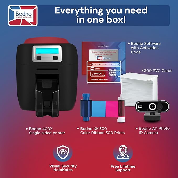Bodno Magicard 400X Single Sided ID Card Printer & Complete Supplies Package ID Software - Bronze Edition