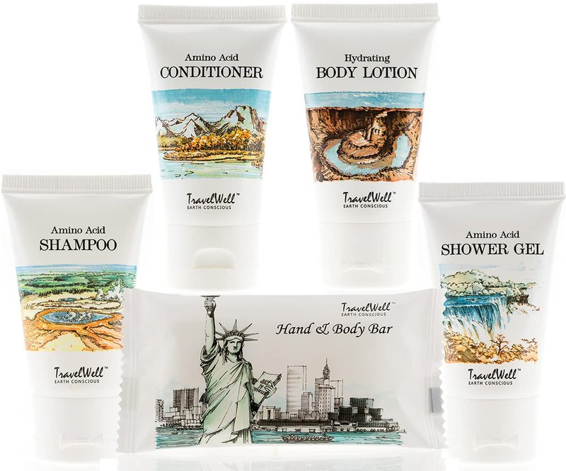 Travel Well Hotel Toiletry Kit - Coconut Body Wash & Lotion - Travel Shampoo & Conditioner Set - Bulk Hotel Toiletries - Pack of 25, 1 Oz Soap & 1 Fl Oz Shampoo, Conditioner, Body Lotion & Wash