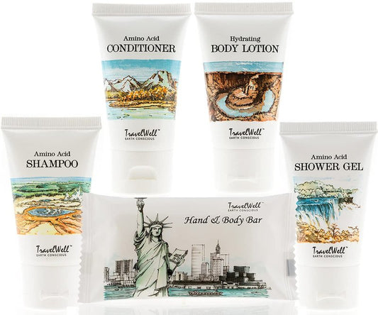 Travel Well Hotel Toiletry Kit - Coconut Body Wash & Lotion - Travel Shampoo & Conditioner Set - Bulk Hotel Toiletries - Pack of 25, 1 Oz Soap & 1 Fl Oz Shampoo, Conditioner, Body Lotion & Wash