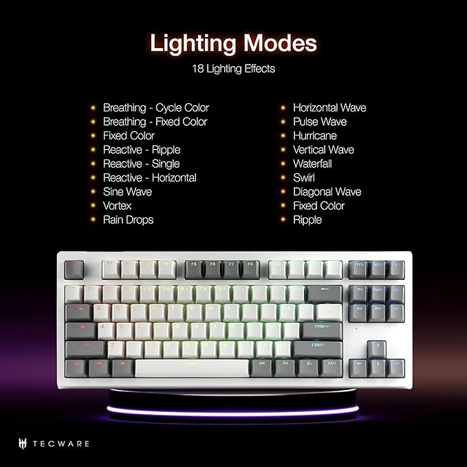 TECWARE Phantom+ Elite 87 Key RGB Mechanical Gaming Keyboard | 3-Mode Wireless Bluetooth 5.0, 2.4GHz & USB-C Wired | Hot-Swappable 5-Pin | Double-Shot PBT Keycaps | Wraith Brown Switch - White