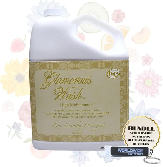 Worldwide Nutrition Bundle Compatible with Tyler Candle Company Glamorous Wash High Maintenance Scent Fine Laundry Liquid Detergent - Hand and Machine Washable - 1 Gal (3.78 L) Container with Keychain
