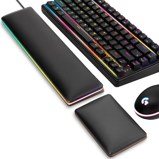 ASFSKY RGB Keyboard and Mouse Wrist Rest Set for 60%-75% Compact Keyboards – Ergonomic Wooden Support Pad with PU Leather & Memory Foam, Anti-Slip Rubber Base for Gaming, Office & Typing Pain Relief