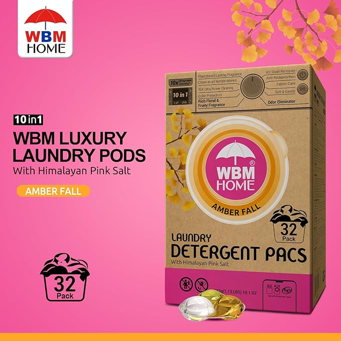 WBM Home Laundry Detergent Pods, Total 128 Count | Amber Fall Fragrance | 10 in 1 Laundry pods Detergent Ultra Power Cleaning with Plant-Based Scent, Extra Protection With 4D Stain Remover