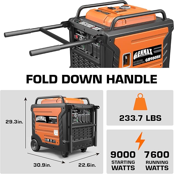 GENMAX Portable Generator, 9000W Super Quiet Gas Powered Engine with Parallel Capability, Remote/Electric Start, Digital Display,EPA Compliant，CO Alarm Ideal for Home Backup Power (GM9000iE)