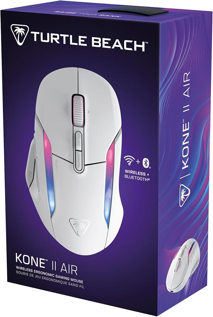 Turtle Beach Kone II Air Wireless RGB Gaming Mouse, 350-Hr Rechargeable Battery, 26000 DPI Optical Sensor, 100M Click Optical Switches, 21 Customizable Inputs, Ergonomic, 4D Scroll Wheel– Arctic White