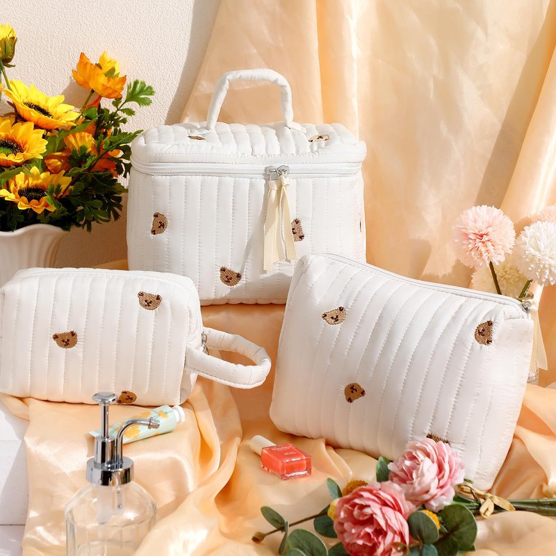 Paterr Makeup Bag Set 3 Pcs Large Quilted Cotton Make up Bags for Women Cosmetic Travel Toiletry Organizer Pouch Cute Aesthetic Storage Purse(White,Little Bear)