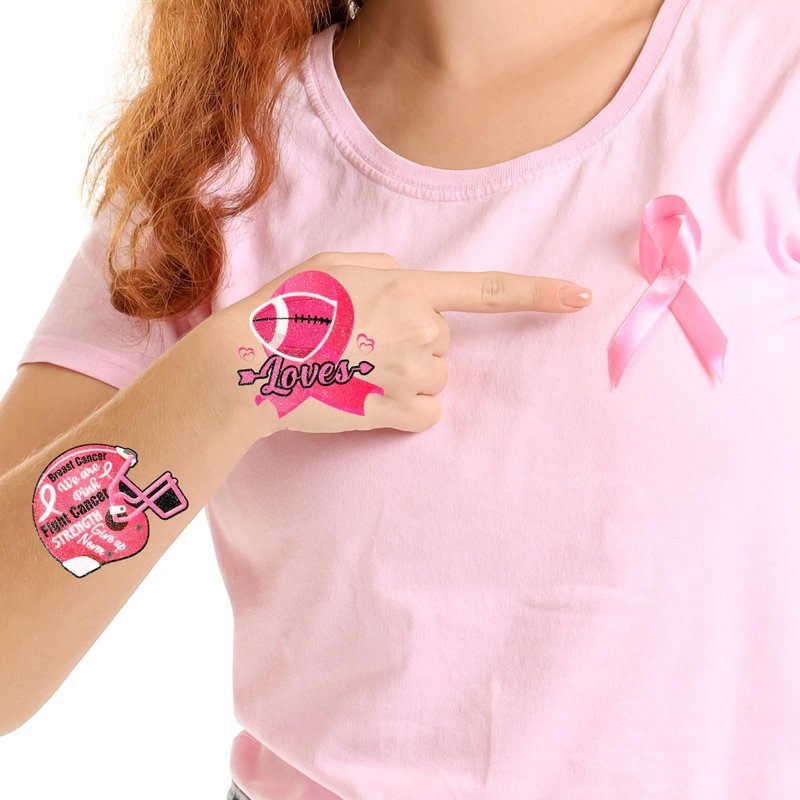 HOWAF 72pcs Breast Cancer Awareness Temporary Tattoos, Glitter Pink Out Football Tattoos, Football Pink Ribbon Themed Tattoos Stickers for Breast Cancer Month Charity Event Supplies Favors