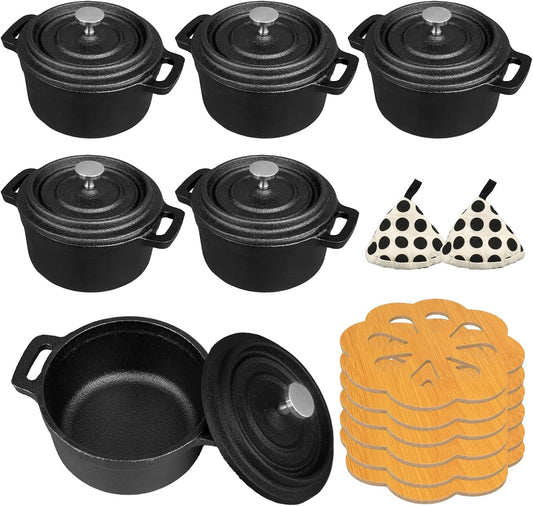 Skiennix Mini Dutch Oven - 6 Pcs Round Cast Iron Cocotte Pots with Lids & Dual Handles - 8 oz Black
