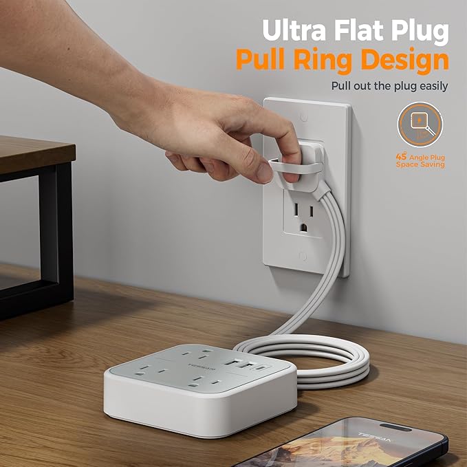 TESSAN Ultra Thin Flat Ring Plug Extension Cord 5 FT, Slim Travel Power Strip with USB Ports (1 USB C), Non Surge Protector Flat Plug Wall Charger with 3 Outlets for Office, Alaska Cruise Essentials