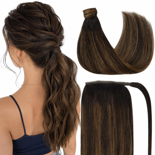 Ve Sunny Hair Extensions Ponytail Real Human Hair 80g Wrap Around Straight Ponytail Extensions Dark Brown Balayage Chestnut Brown clip in Style Short Length 14 Inch
