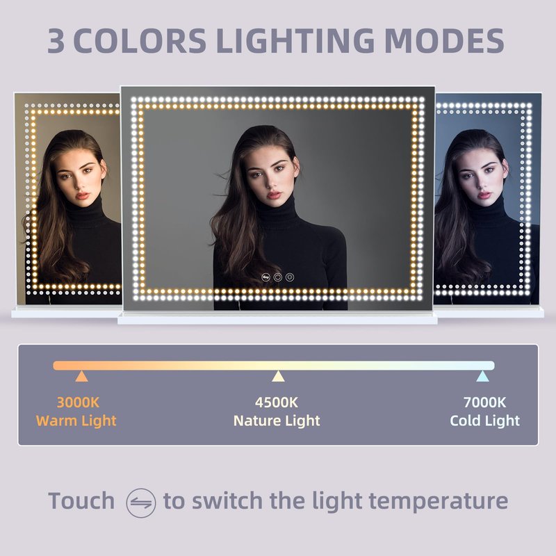 Vanity Mirror with Lights Tempered Glass 22.8" x 18.1" Lighted Makeup Mirror with Light Strip Crushed Crystal 3 Colors Modes Dimmable Lights USB Port and 10X Magnification, White (9.84" x11.81")