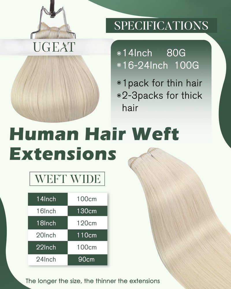 Ugeat Weft Hair Extensions Human Hair, Hair Extensions Sew in Blonde, Sew in Extensions 14 Inch 80g Platinum Blonde, for Short Hair