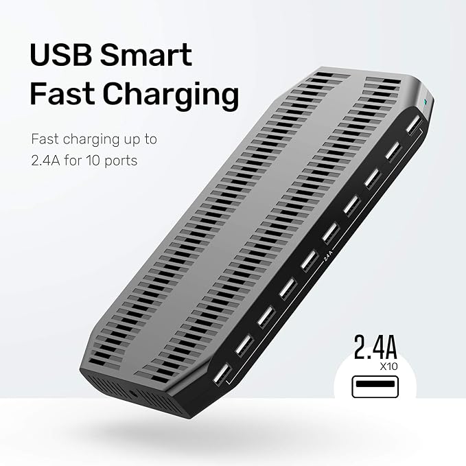【10PCS】 Unitek Multi Charging Station, 10-Port USB Charger for Multiple Device with SmartIC Tech and Adjustable Dividers, Organizer Stand Compatible with iPad, Tablet, Kindle, iPhone - 10PCS, Black