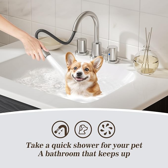 Phiestina Pull Down Sprayer Brushed Nickel Widespread Bathroom Sink Faucet, 8 Inch 2 Handles 3 Hole Pull Out Bathroom Faucet,with Pop Up Drain and Water Supply Line,BF04022-K01-GBN