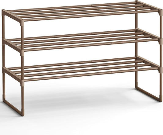 SONGMICS 3-Tier Shoe Rack - Stackable Metal Organizer for 16-20 Pairs | Walnut Brown, 11.8 x 36.2 x 21.7 Inches