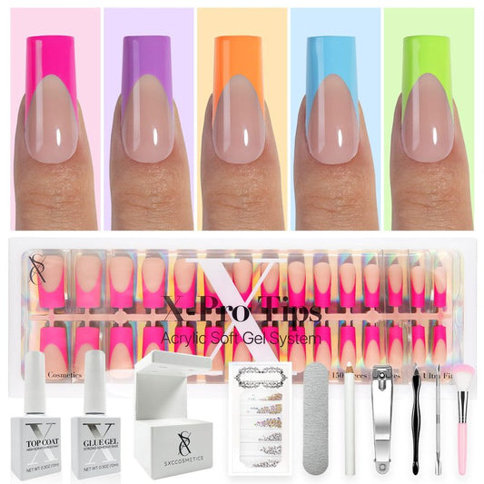 SXC Cosmetics X-Pro Tips French Tip Press On Nails - Bright Pastel Glow in the Dark Series (GLOW117KIT-M Square)