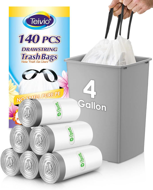 Teivio 4 Gallon Strong Drawstring Trash Bags - 140 Count White Garbage Bin Liners for Home & Office