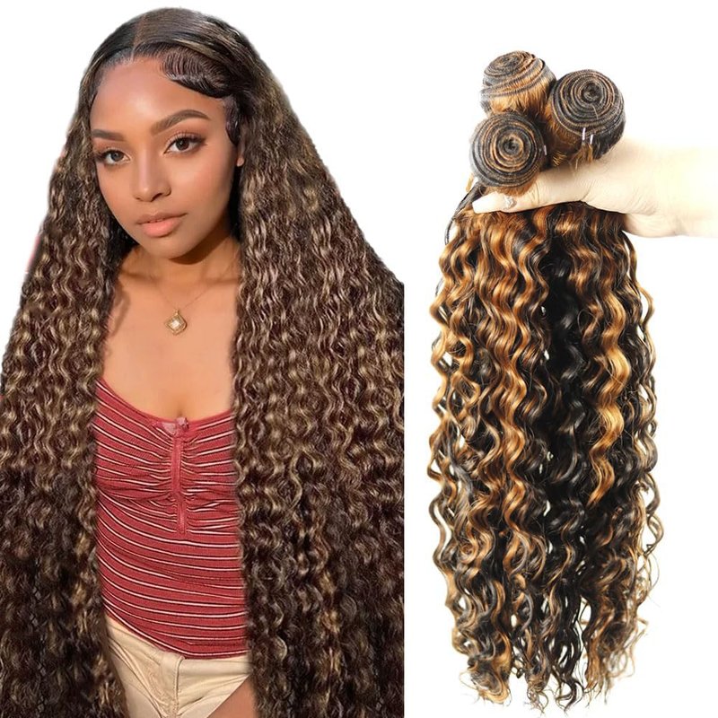 Ombre Human Hair Bundles - Highlight Brown Deep Wave Extensions | 30-34 Inch, Grade 8A Brazilian Remy Hair