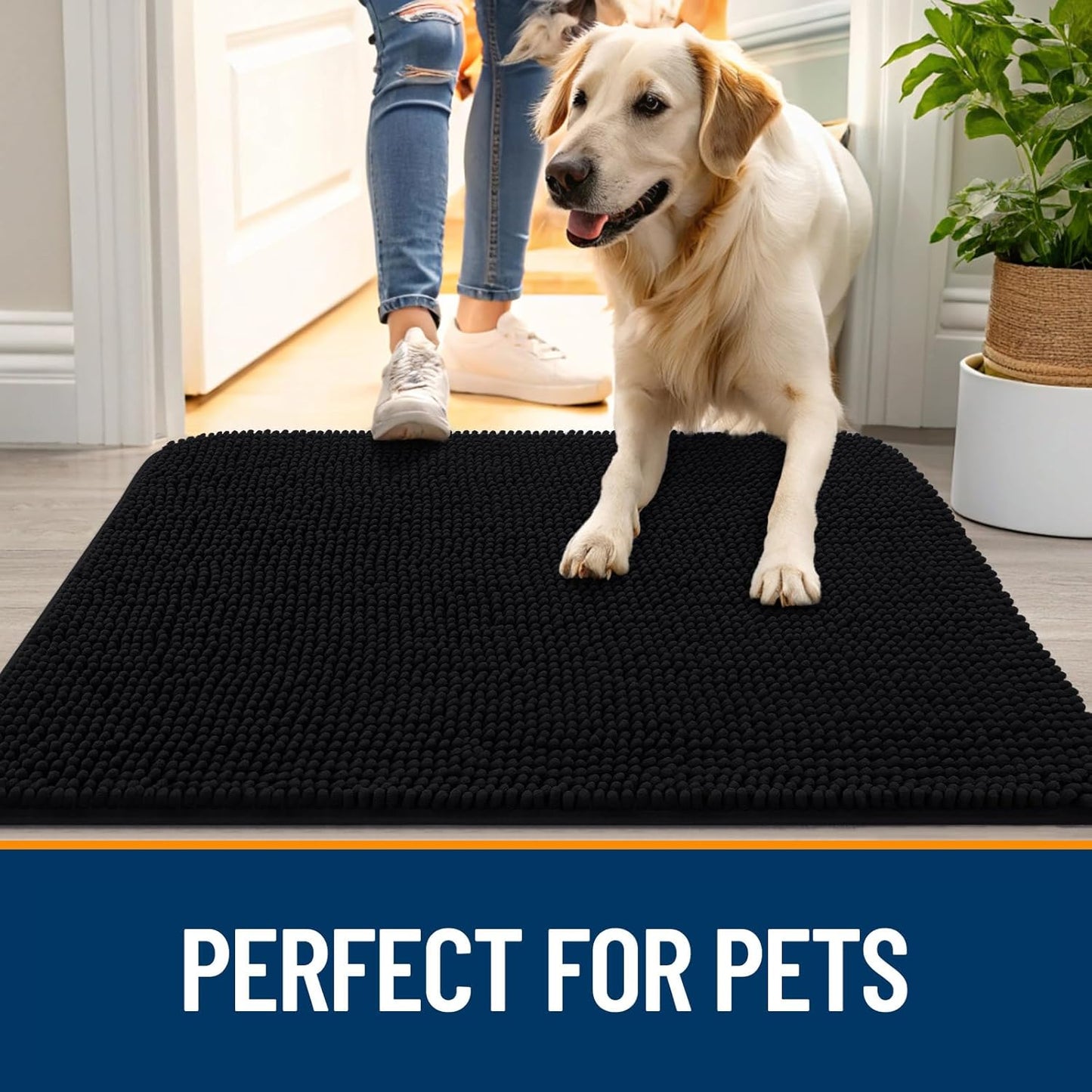 OLANLY Dog Door Mat - Absorbent Non-Slip Chenille Mat for Muddy Paws | 47x32 Inches, Black