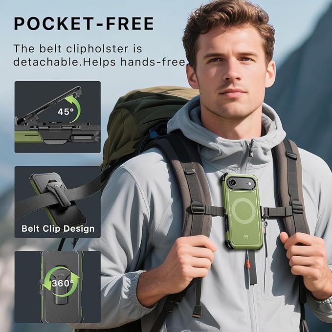 M MYBAT PRO for iPhone Air Case with Belt Clip Holster,[Compatible with Magsafe] w/Screen Protector,Anti-Drop,Shockproof,w 360°Rotating Kickstand,Heavy Duty Protection (Blue) (Army Green)