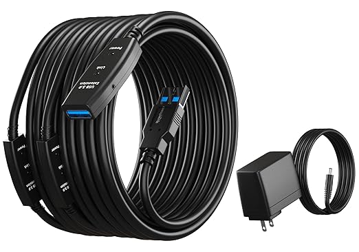 MutecPower 65 Feet Active USB Extension Cable 3.0 Male to Female with 3 Extension chipsets Signal Booster - Active Extension/Repeater Cord 20 Meters / 65 Feet (AC Power Supply Included)