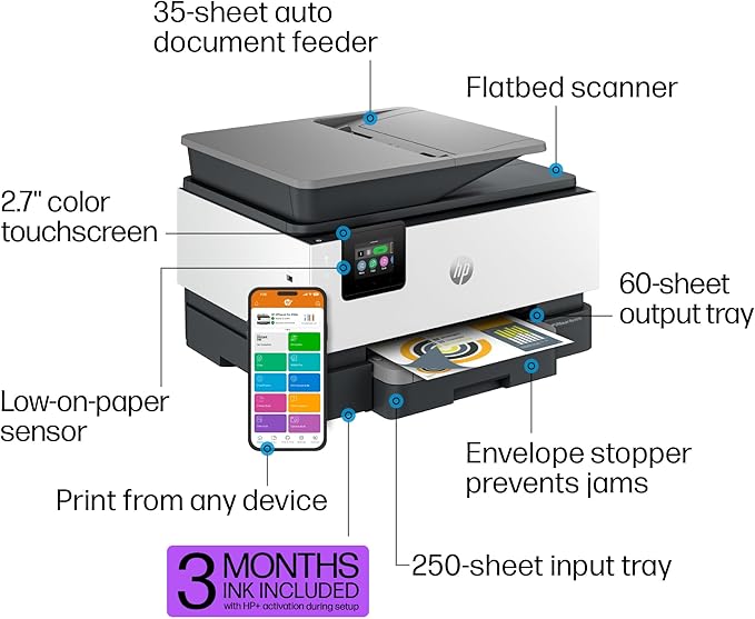 HP OfficeJet Pro 9125e Wireless All-in-One Color Inkjet Printer, Print, scan, copy, fax, ADF, Duplex printing best-for-office, 3 month Instant Ink trial included, AI-enabled (403X0A)
