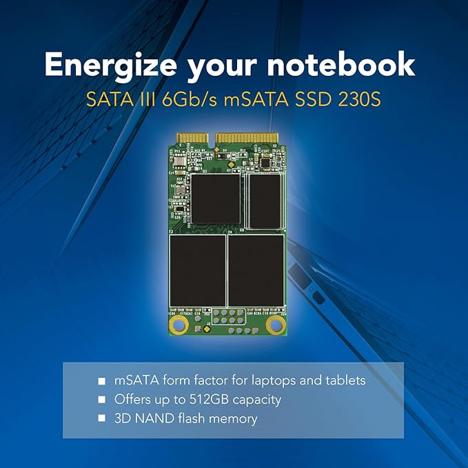 Transcend MSA230 64GB mSATA SSD with Dram Cache, Up to 350MB/s, Mini SATA III 6G/s Internal Solid State Drive for Ultrabook/Desktop/Tablet/PC/GPS/Server, 3D TLC NAND Flash, LDPC Error Correction, ECC