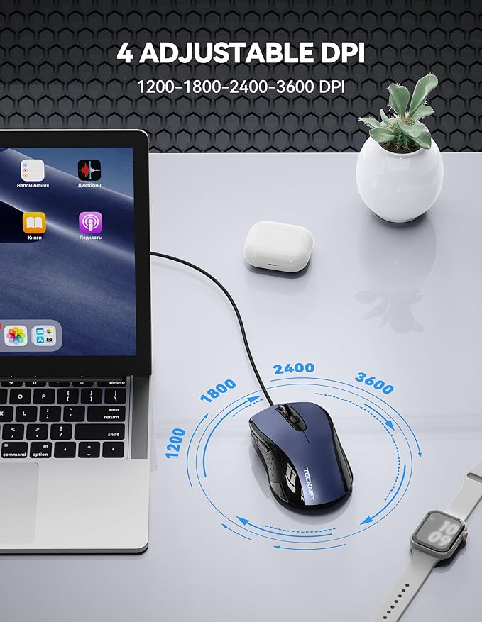TECKNET USB Wired Mouse, 3600DPI Corded Computer Mouse with 4 Adjustable Levels, 6-Button 5FT Cord Ergonomic Mice, Home and Office Mice for Laptop PC Desktop Notebook - Blue
