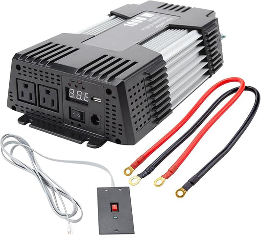 Amazon Basics 1000W Car Power Inverter, 12V to AC 110V, Portable, 2 AC Outlets, USB Port, 13.81 x 7.44 x 3.07 inches
