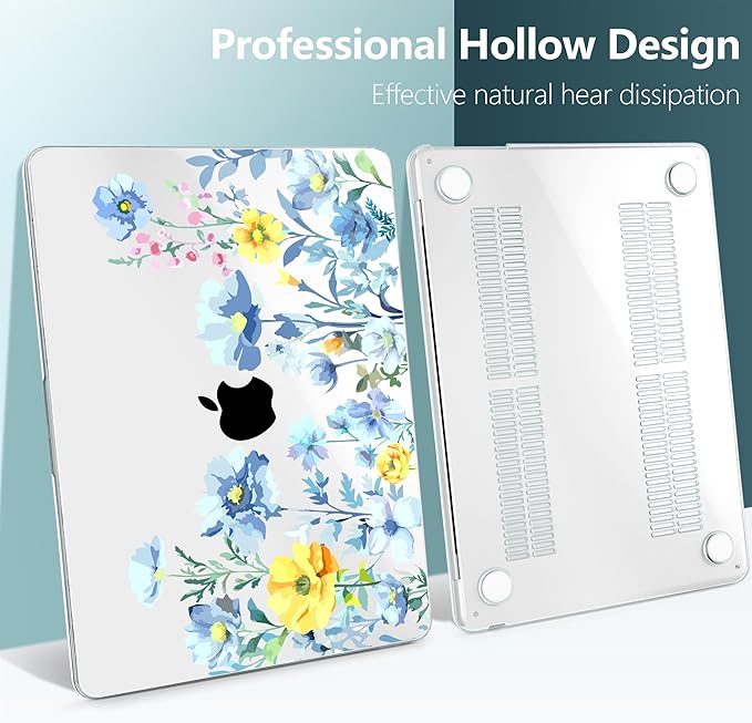TWOLSKOO for MacBook Air 15 inch Case 2025 2024 2023 Release M4 A3241 M3 A3114 M2 A2941, Plastic Hard Shell & Screen Protector & Keyboard Cover & Type C Adapter, Blue Flowers