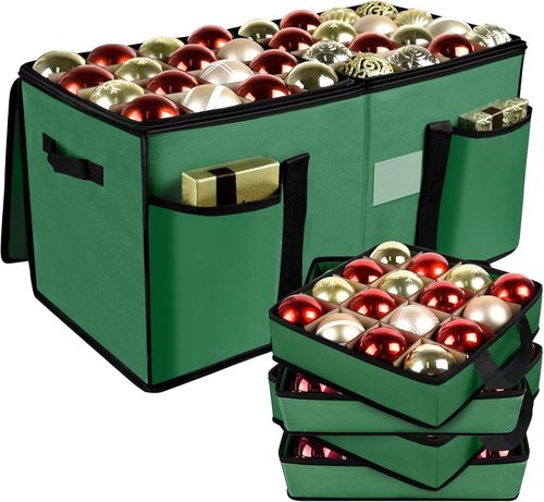 Christmas Ornament Storage Box - Zippered Container with Dividers & 8 Removable Trays, Holds 128 Balls | 600D Oxford Green