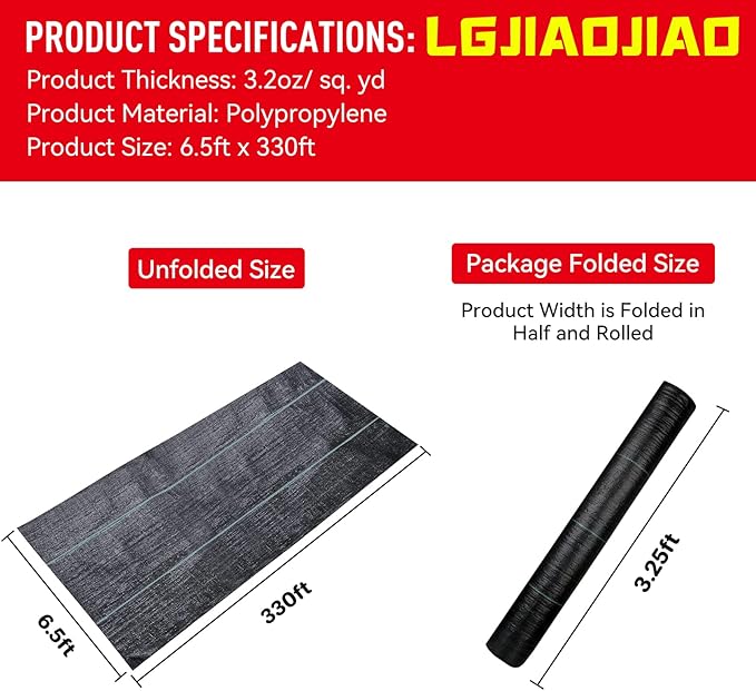 6.5ftx330ft Weed Barrier Landscape Fabric Heavy Duty, Weed Block Gardening Ground Cover Mat, Weed Control Garden Cloth, Woven Geotextile Fabric for Underlayment, Commercial Driveway Fabric