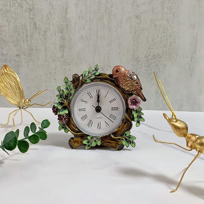 Pewery Decorative Mini Table Clock, Vintage Metal Silent Analog Quartz Battery Operated Table Top Clock for Living Room Decor Shelf