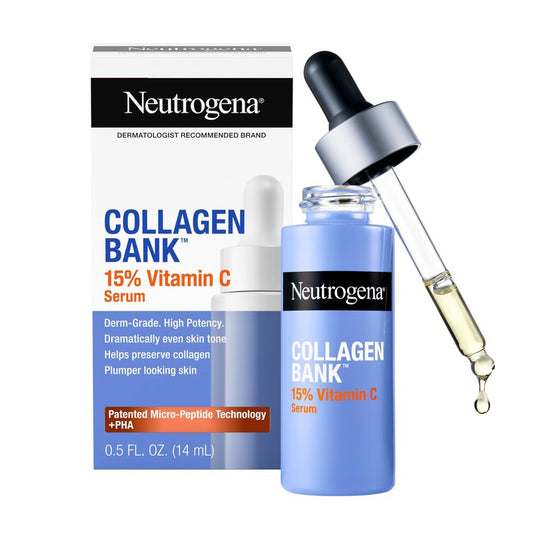 Neutrogena Collagen Bank 15% Vitamin C Serum for Face Fragrance Free Anti-Aging Face and Neck Collagen Essence with Micro-Peptides Improves Uneven Tone Plumps Skin, 0.5 fl oz