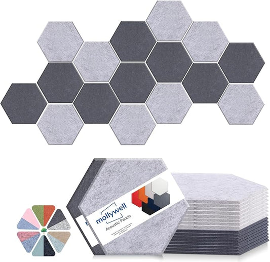 Mollywell Hexagon Acoustic Panels 14x12 - Reduce Echo & Reverb, Noise Blocking Wall Tiles for Studio & Home Office, Moon & Silver Gray Sound Absorbing Panels