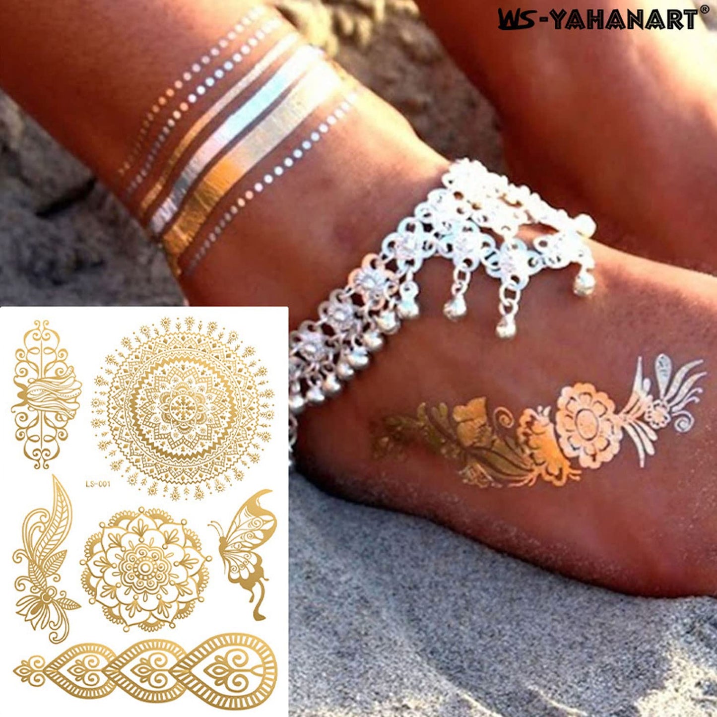 Henna Tattoos, Henna Temporary Tattoos Gold Flower Lace Waterproof Tattoo stickers for Women Wedding Party Festivals, & Parties Decoration Suppliers 6Sheets…