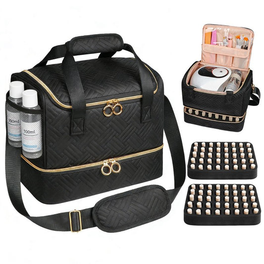 Veirdro Nail Polish Organizer Bag Holds 80 Bottles (15ml/0.5fl.oz)& Nail Lamp, Soft Velvet Nail Kit Storage Carrying Case with Shoulder Strap, Double Layer Nail Supplies Organizer Handbag Women Black