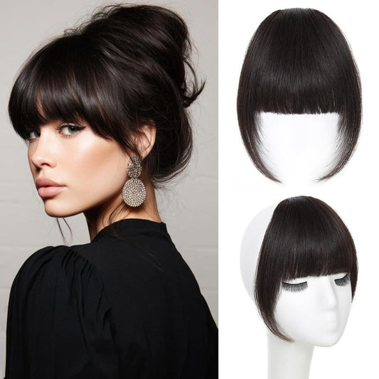 Niceone Hair Clip In Bangs for Women, Brown Black French Bangs Hair Clip with Temples, 100% Real Human Hair Layered Curved Fringe for Halloween and Daily Use(Brown Black, French Bangs)