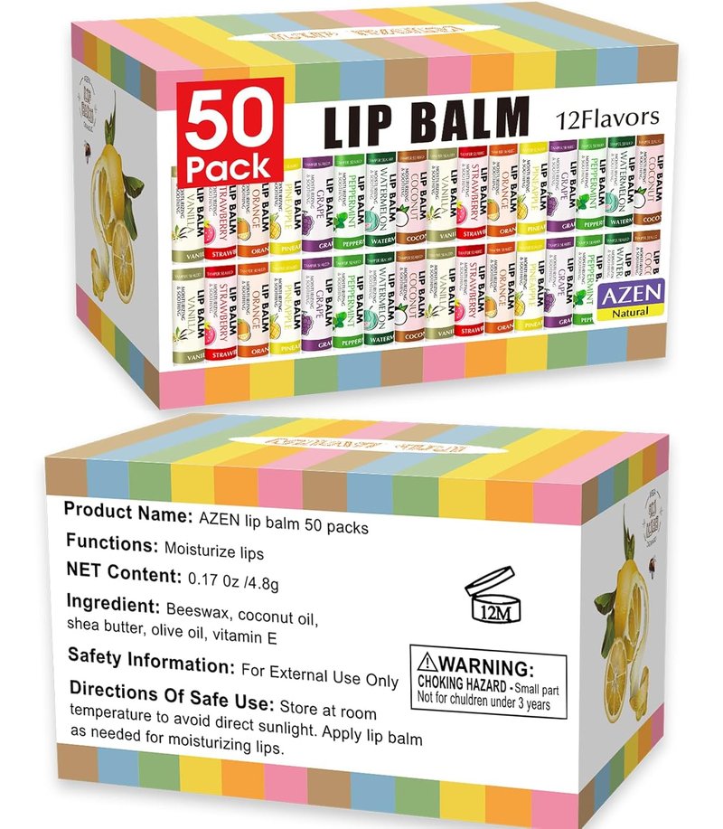 Moisturizing Lip Balm Bulk - 50 Pack for Dry Cracked Lips | 12 Flavors, Perfect for Gifts