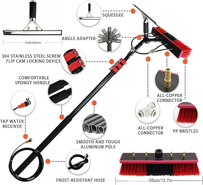Telescopic Cleaning Brush, Multi-Purpose Water Spray Brush, Solar Panel Cleaning Equipment, Telescopic Hydrocleaner, 3.6m-10.8m, Roof Cleaning Tools Window Cleaner Kit(16FT/4.8M)